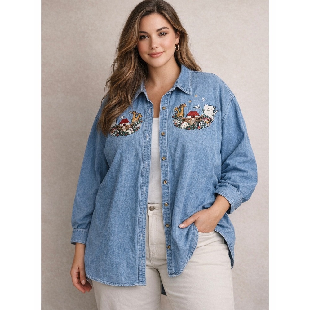 CST Blues Denim Shirt Women's Large Embroidered Ark Scene Long‎ Sleeve Button Up